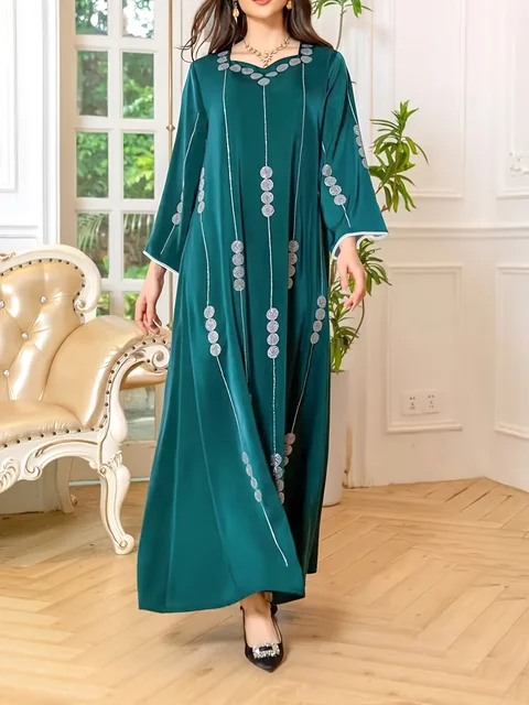 Plus-size Women's Minimalist Elegant Solid-color Square-neck Printed Straight-fit Long-sleeve Maxi Dress