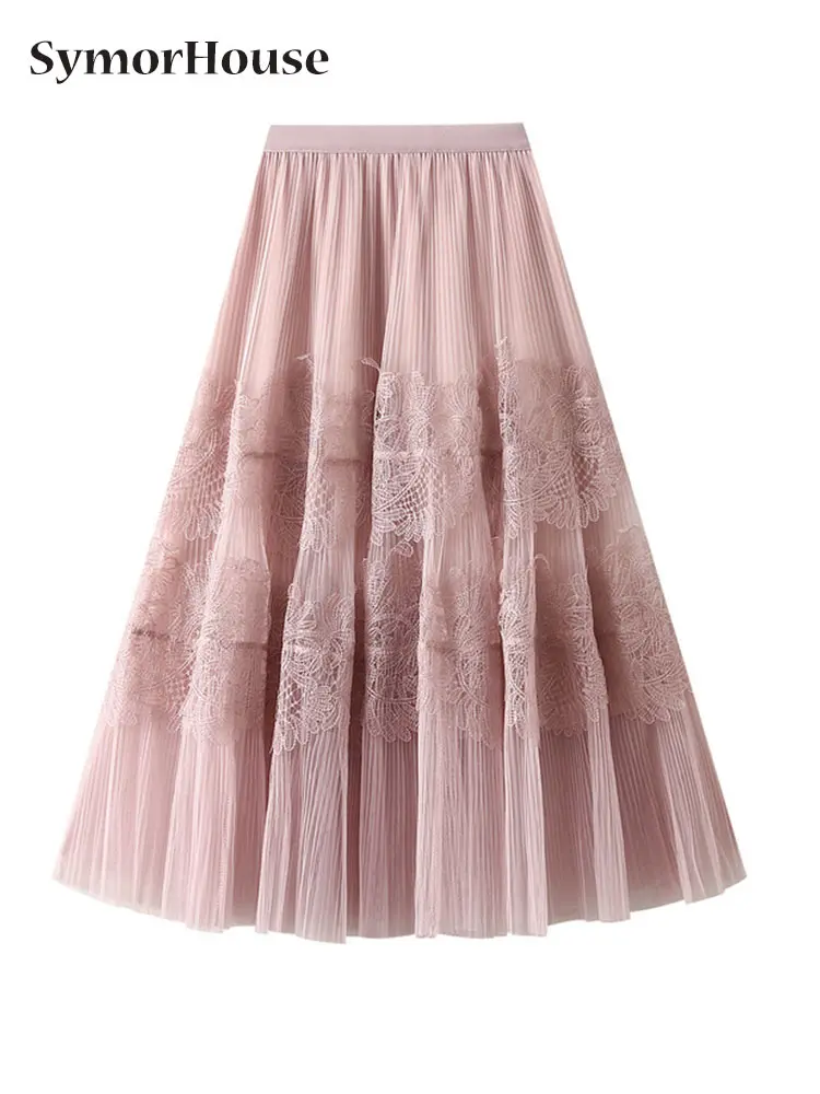 

2024 Spring Summer Autumn Tulle Long Skirt for Women New Vintage Lace Patchwork A Line High Waist Pleated Midi Skirt Female