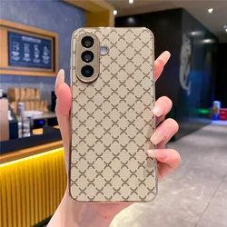 Gold Plating Grid Pattern Leather Phone Case - Anti - Drop Hard Protective Cover - Samsung A36 5G (Beige)