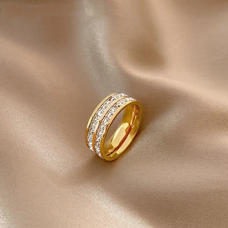 Zircon Rings Rose Gold Double Row Square Stainless Steel for Women Romantic Engagement Wedding Party Jewelry