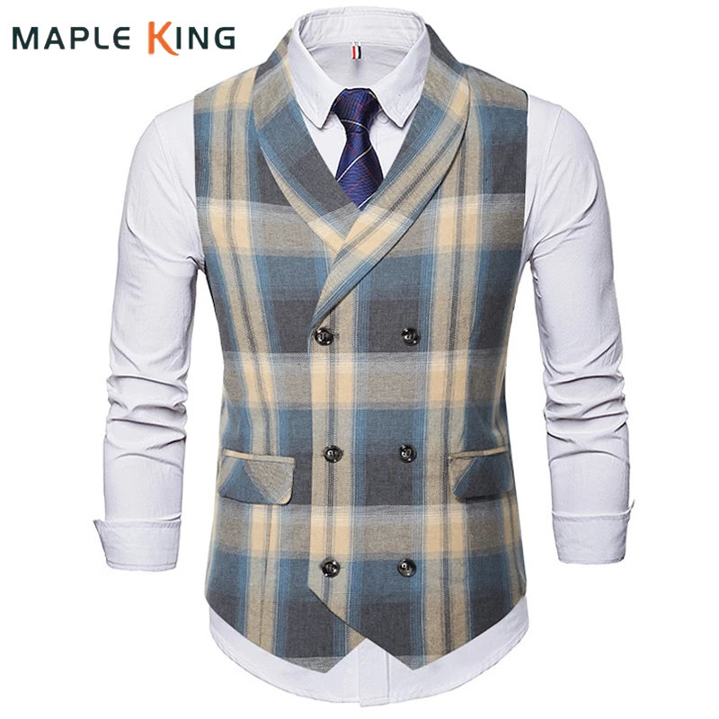 

Men Party Suit Cowboy Vest Vintage Roupa Social Double Breasted Plaid Waistcoat Men Elegant Business Wedding Gilet Costume Homme