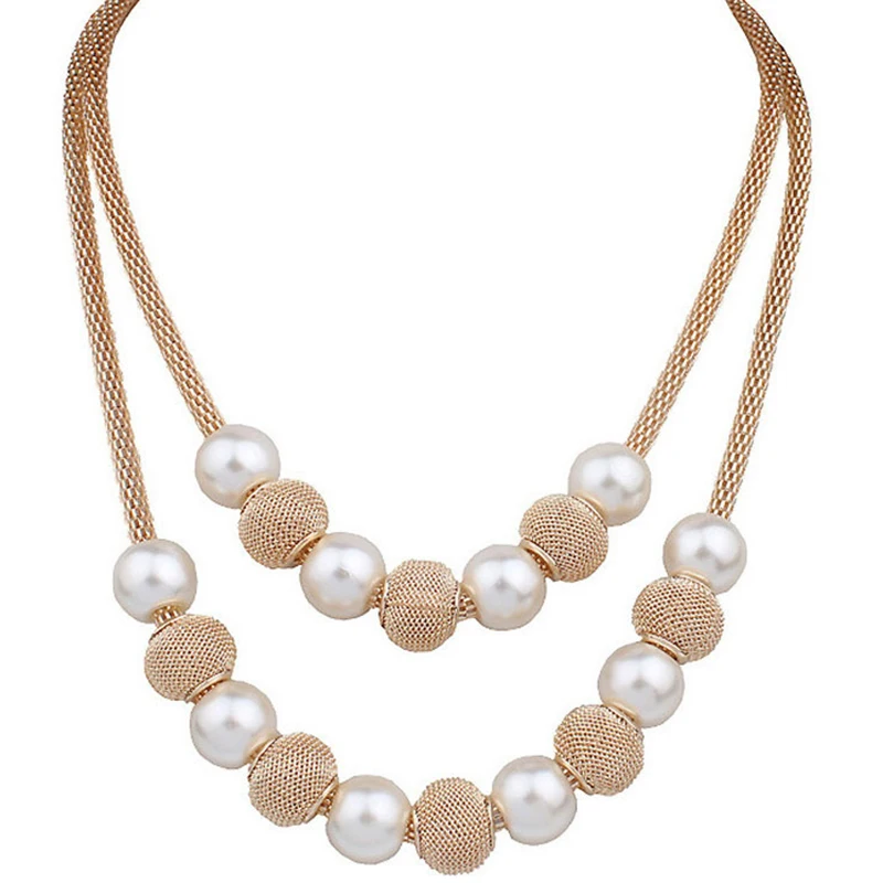 

1pcs Elegant Women's Double Mesh Chain Round Faux Pearl Ball Charm Necklace Fashion Jewelry Party Banquet Favors
