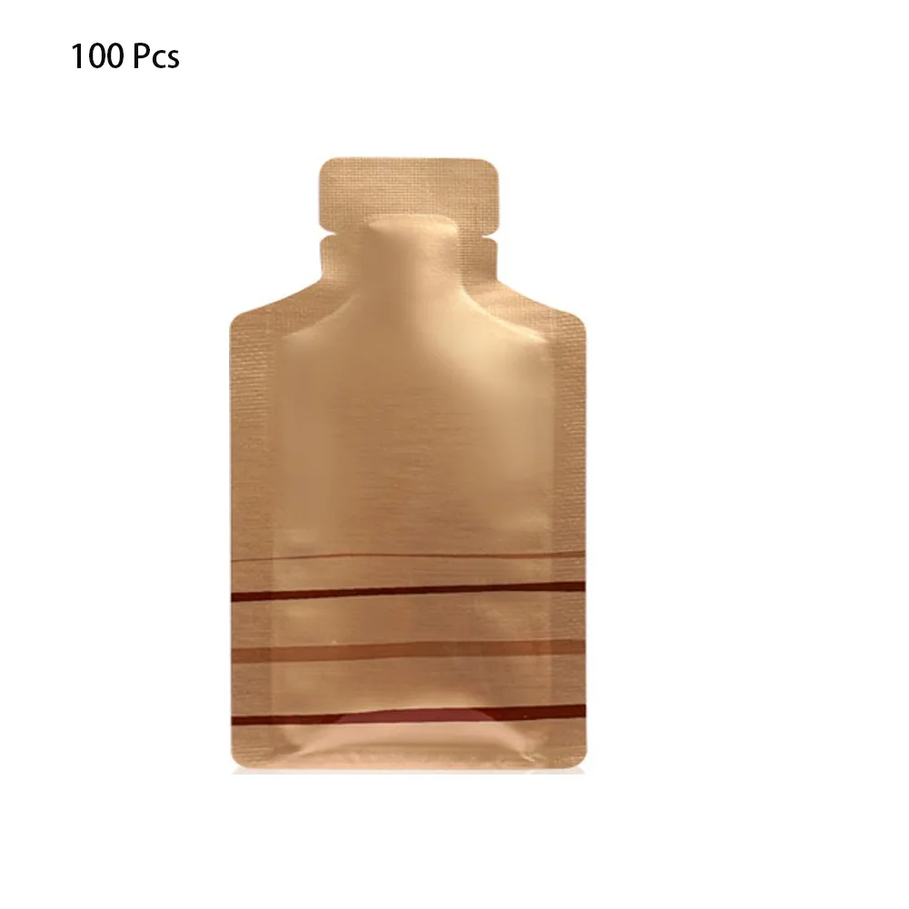 

100Pcs 5.12x2.95 Inch Aluminum Foil Bags Disposable Golden Stripe Cosmetic Sample Bag Bottle Shape Inside Size 4.72x2.56 Inch