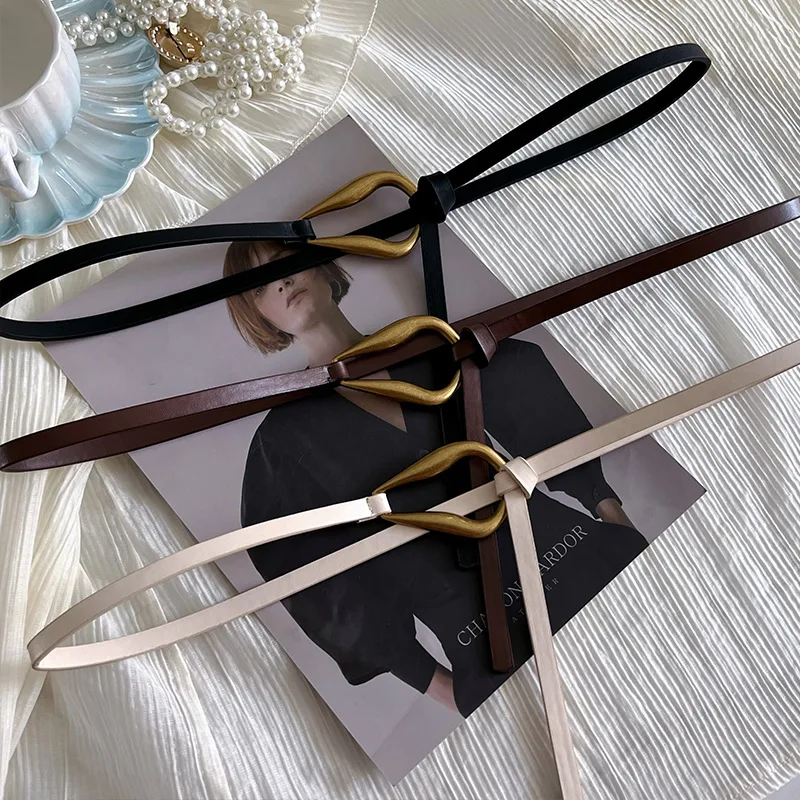 Women Knotted Thin Belts Solid Color PU Leather Metal Buckle Thin Long Waist Belts Lady Girls Dress Coat Decor Waistband - 2