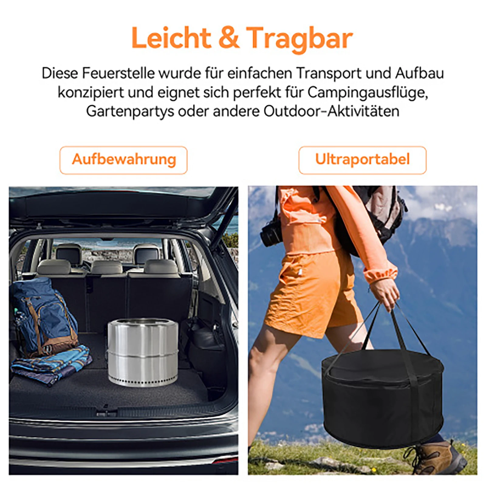 Tragbare Edelstahl-Feuerstelle mit Aschenbecher, Outdoor-Holzofen, BBQ-Grill, Feuerstelle für Camping & Garten, Silber – Detail 7