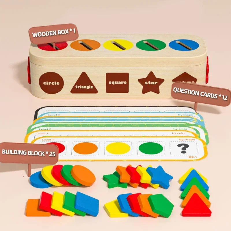 Wooden Baby Shape Assortment Educational Toys Montessori Toys Geometric Shapes Colorful Building Block Box Boys Girls Gifts 4
