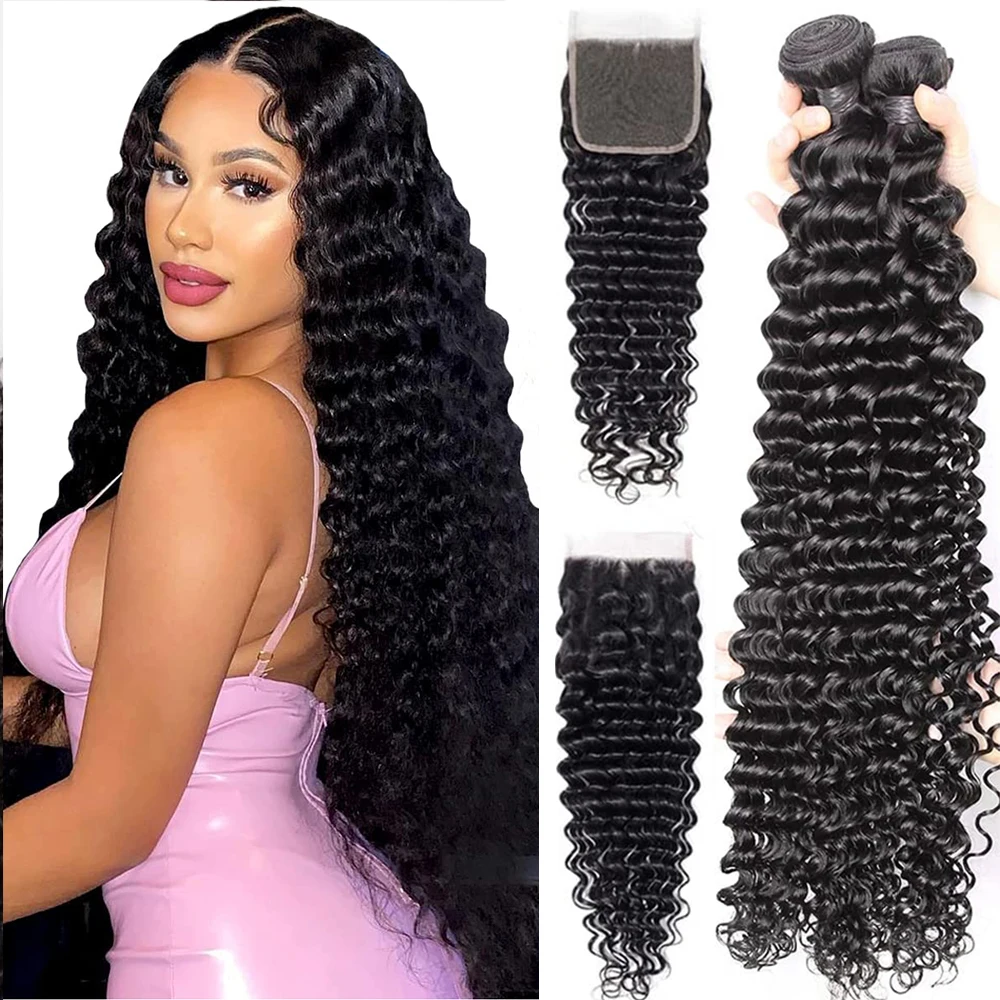 Deep Wave Bundles Human Hair With Closure Curly Brazilian Hair Weave 3/4 Bundles With HD Lace Frontal Closure Hair Extensions