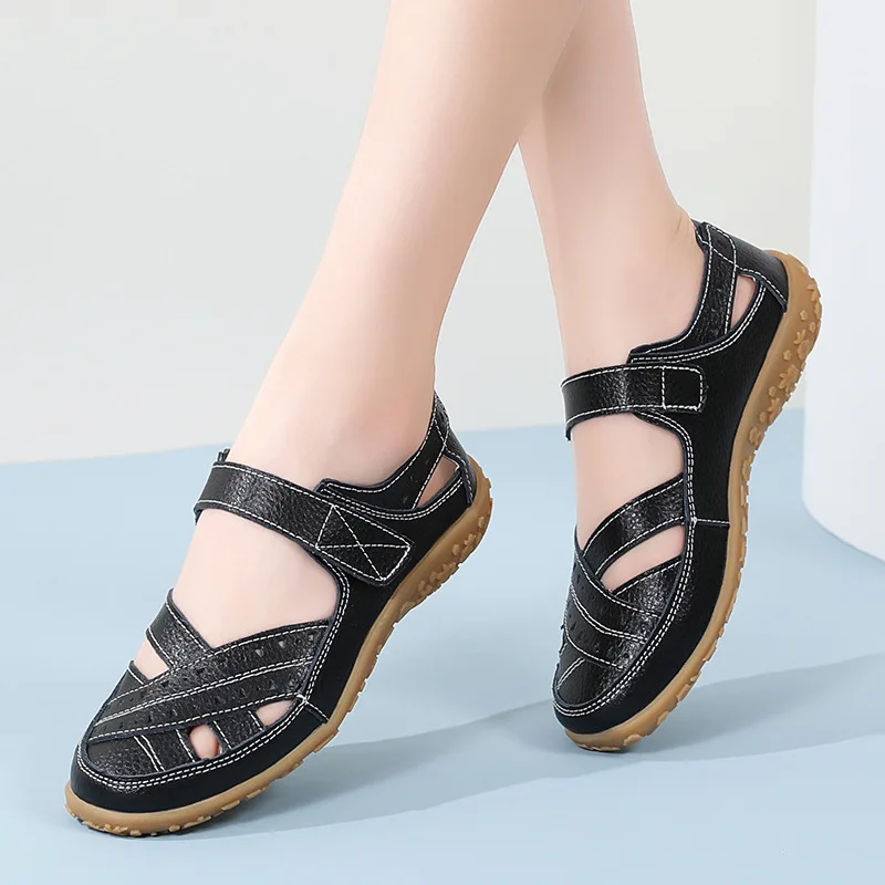 2024 Summer Big Sizes Casual Hollow antiskid Breathable Genuine Leather Sandals Shoes For Women Chaussure Femme Zapatos Mujer