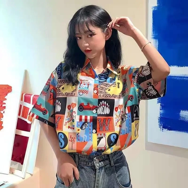 프린트 셔츠 여름 여성 티셔츠 루즈 블라우스 십대를위한 귀여운 탑스 반소매 미적 의류 Vintage Korean Fashion