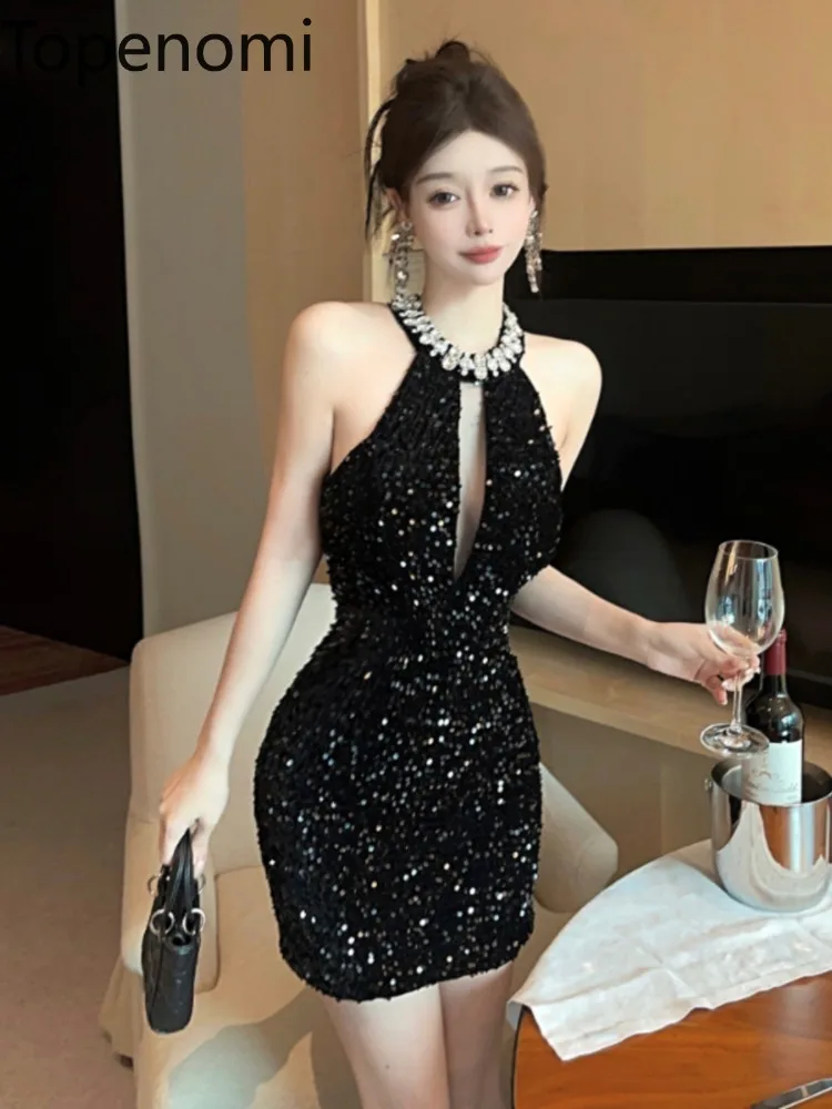 

Женское платье без рукавов Topenomi, летнее короткое платье с блестками и лямкой на шее