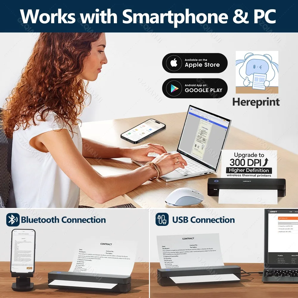 300DPI HPRT MT610 Pro A4 Portable Thermal Printer 210mm 216mm A4 US Letter Thermal Tattoo Transfer Paper Bluetooth USB Printing