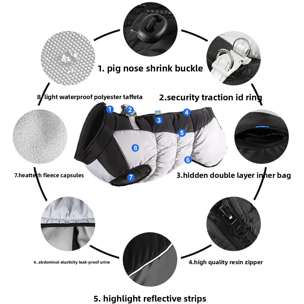 Warm Fleece Dogs Jacket Snowsuit Windproof Dog Coat Big Dogs Elasticity Clothes Turtleneck Winter Coats Reflective Pet Vest Coat