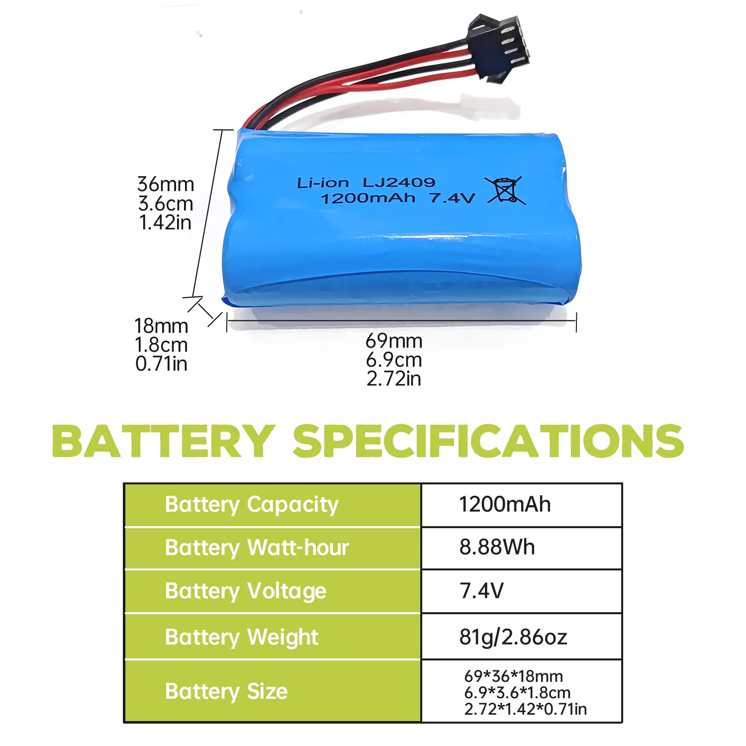 2 Batteries Li-Po 7.4V 1200mAh SM-4P pour RC Bateau Voiture EC08