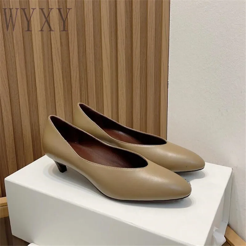 

Spring New Round Toe Comfort Soft Leather Woman Single Shoes Small Thin Heel Dress Shoes Fashion Simple Real Leather Pumps 2023
