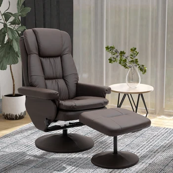 Modern PU Leather Recliner Chair, Living Room Chair w/ Footrest Ottoman, Brown 2