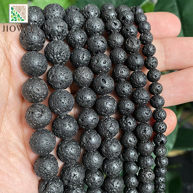 Natürlicher schwarzer vulkanischer Lavastein, runde lose Perlen für Schmuckherstellung, DIY-Armband-Zubehör, 38,1 cm Strang, 4/6/8/10/12/14 mm