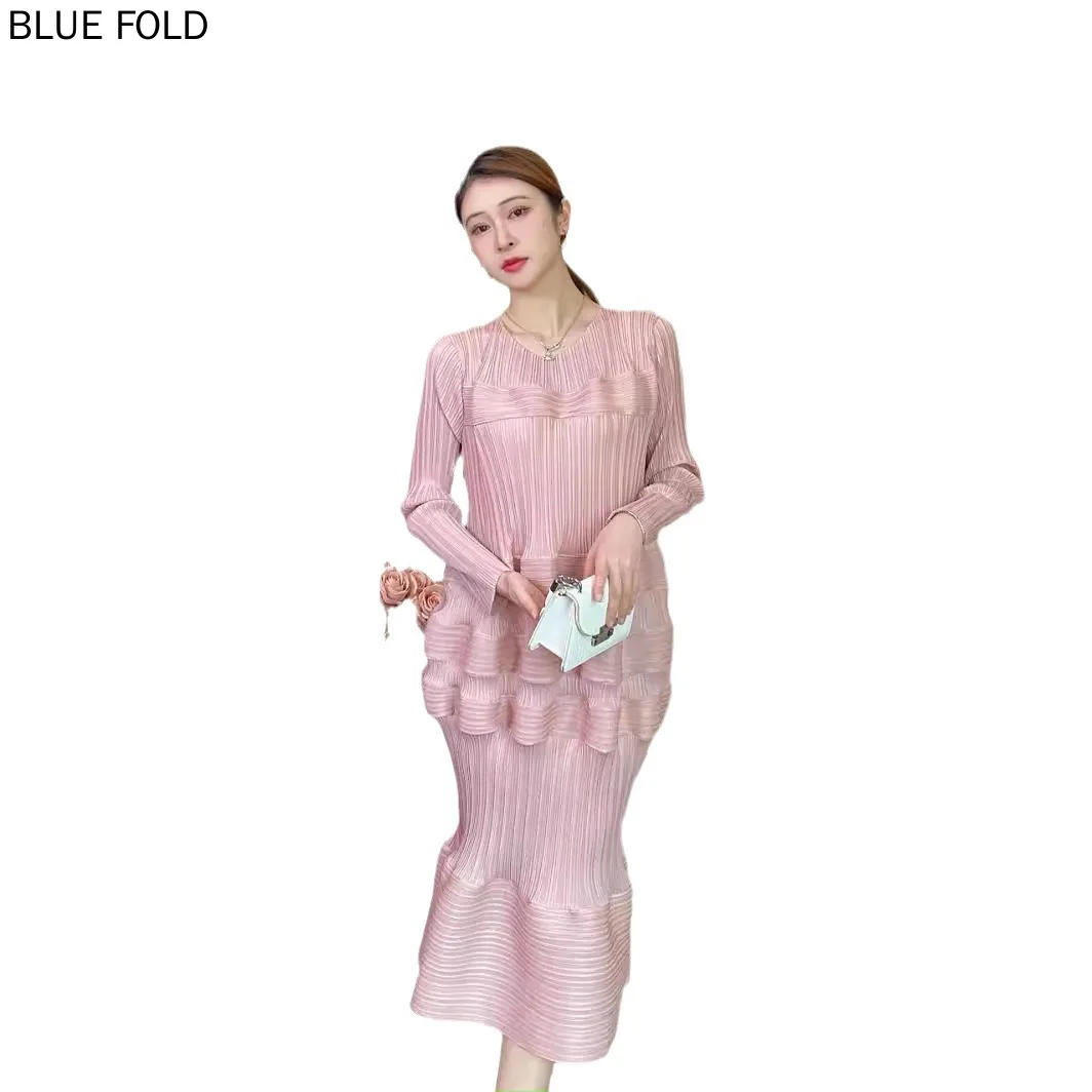 Miyake Pleated High-end Lady Style Cake Dress Spring Original Simple Loose Mid-length Dress Elegant Vestido Clothes for Women