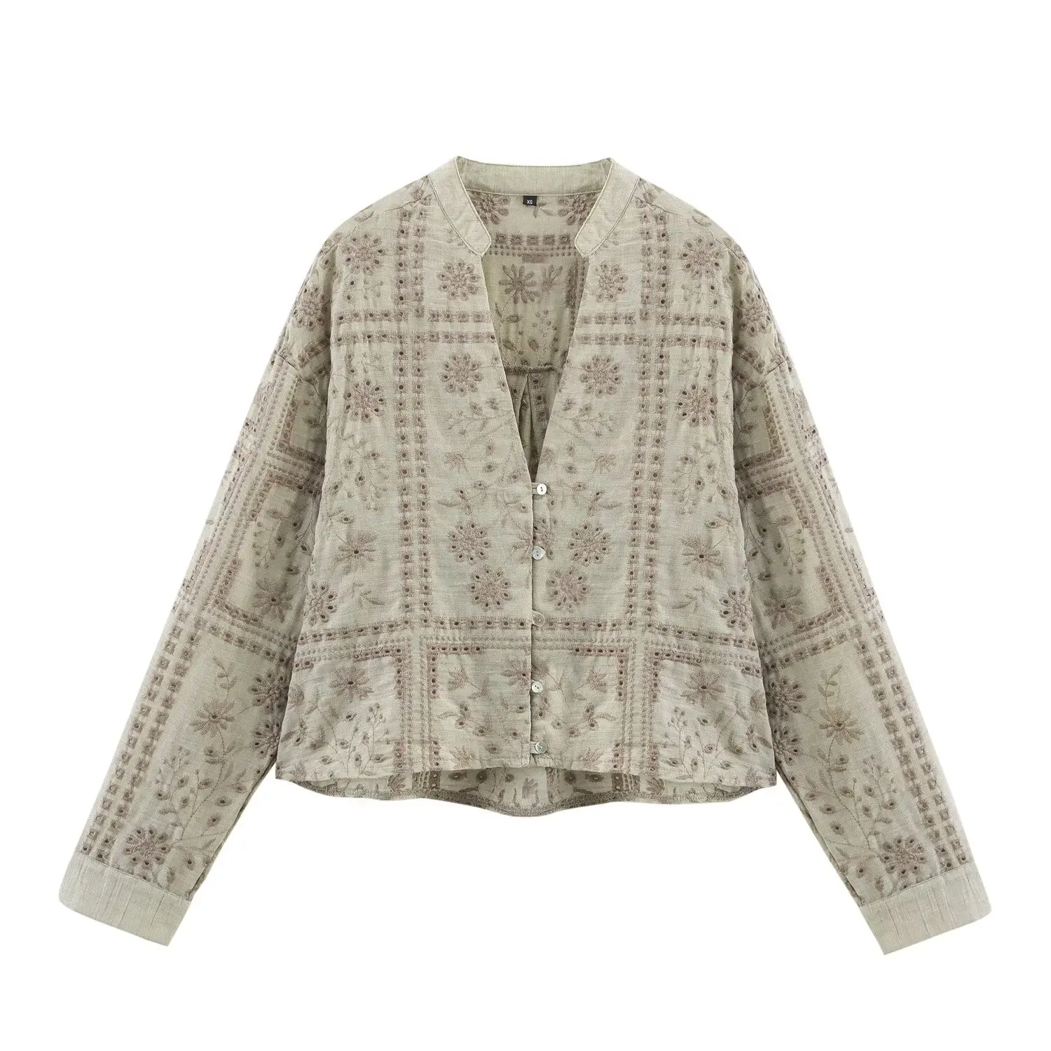 Women's Hollow Embroidered V-Neck Long Sleeve Blouse