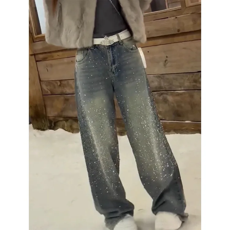 Jeans rétro de style américain de haute qualité, taille plus, entièrement ornés de strass, pour femmes, pantalon long tendance avec un design original