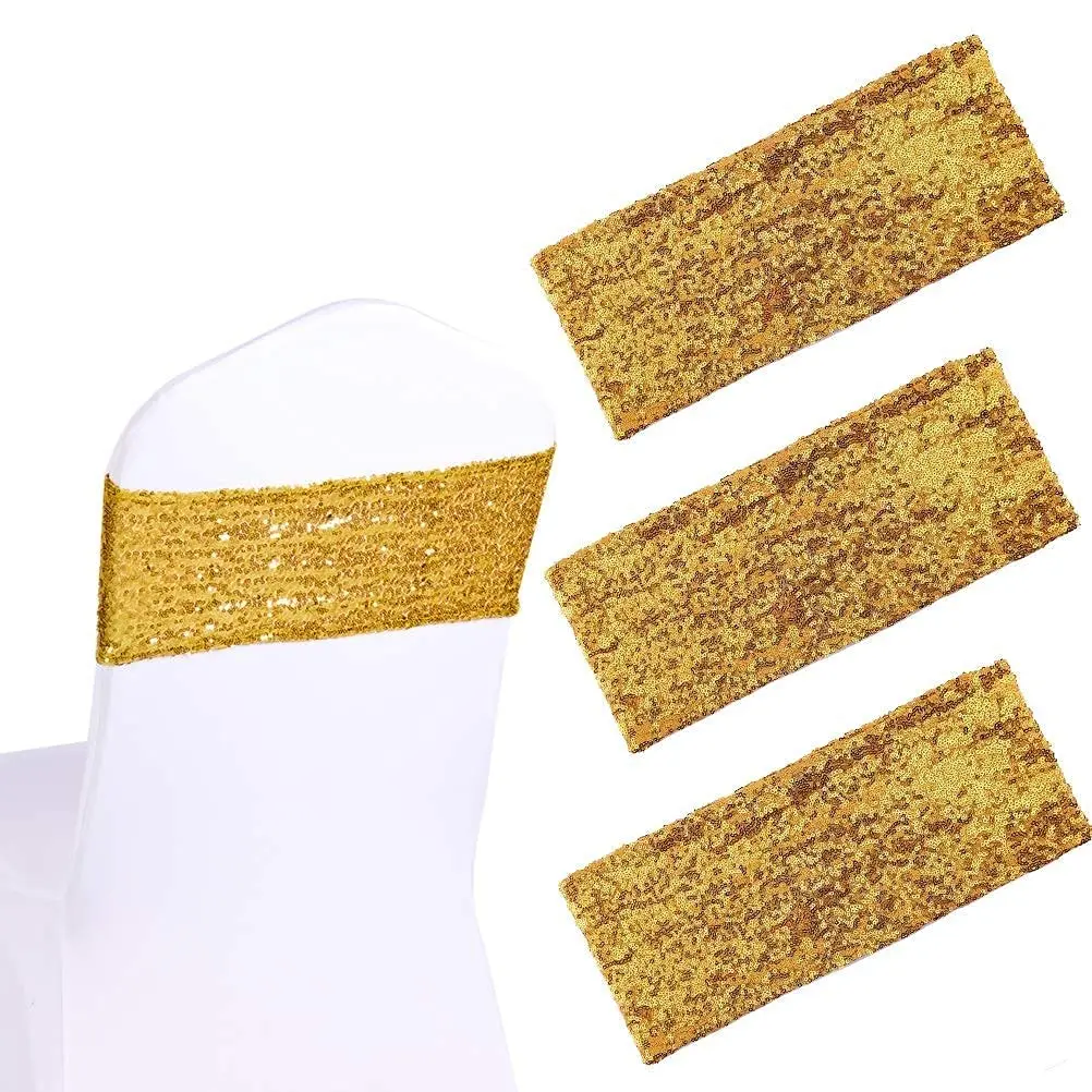 10pcs Stretchy Sequin Chair Sashes Sparkly Gold Sash Band for Banquet Wedding Party Home Outdoor Chair Cover Sash Decorations 1