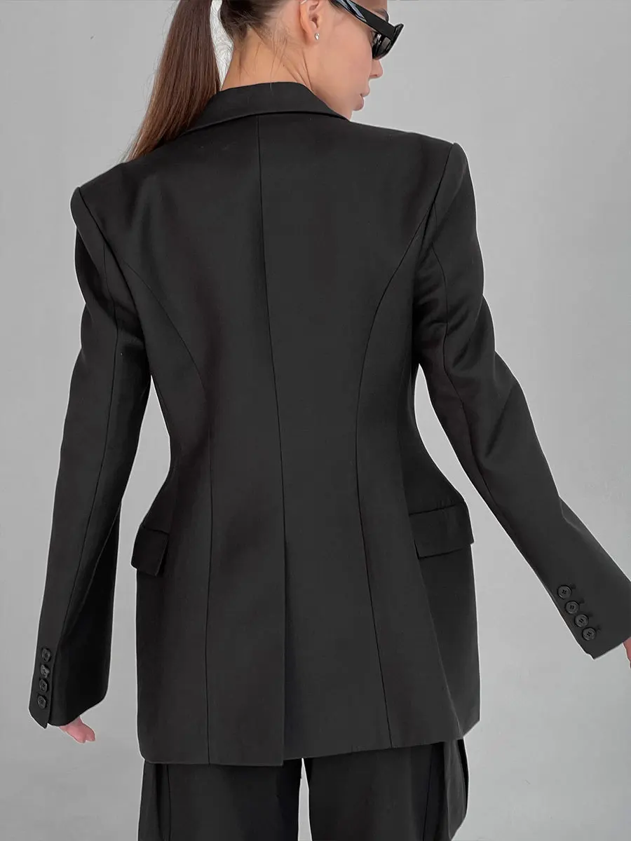 Traje de solapa negra para mujer, abrigo elegante de manga larga con bolsillos y retazos, blazer de cintura alta para otoño 2025