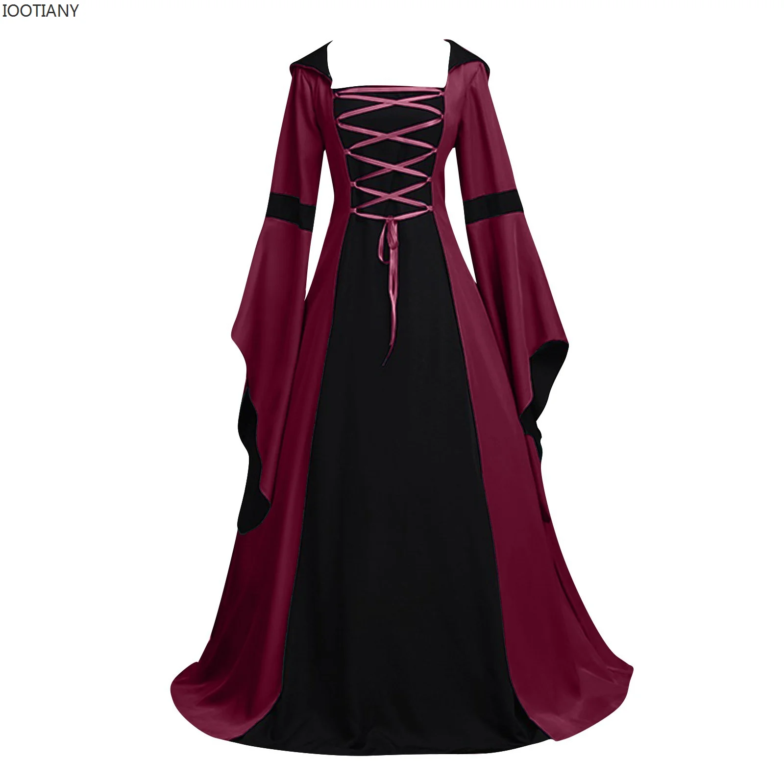 

2024 Women's Medieval Vintage Hooded Dress Square Neck Tie Flared Sleeve Big Swing Dress Casual Printed Long Sleeve A-line Dress