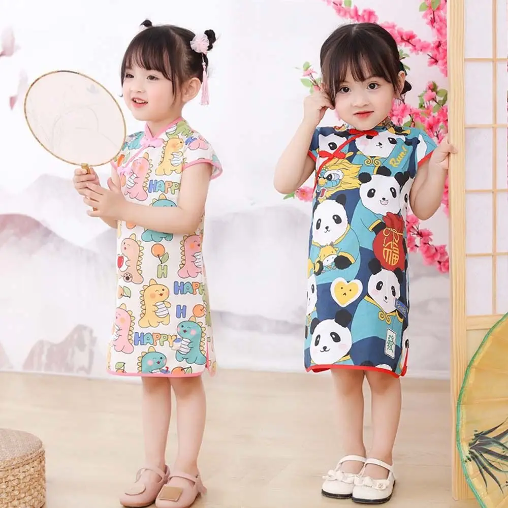 Cartoon Animals Children Cheongsam Short-Sleeved Girls Clothing Children Chinese Dress Princess Dress Qipao