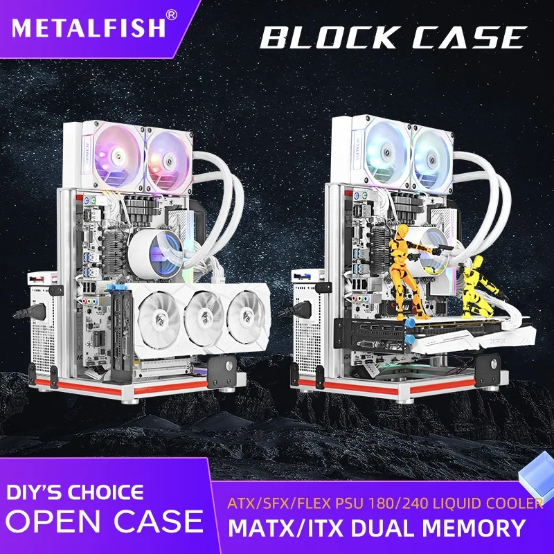 METALFISH BlockCase Aluminum Open Frame Case Support M-ATX/ITX Mainboard GPU Mount Horizontally 240 Liquid Cooler Gaming Cabinet