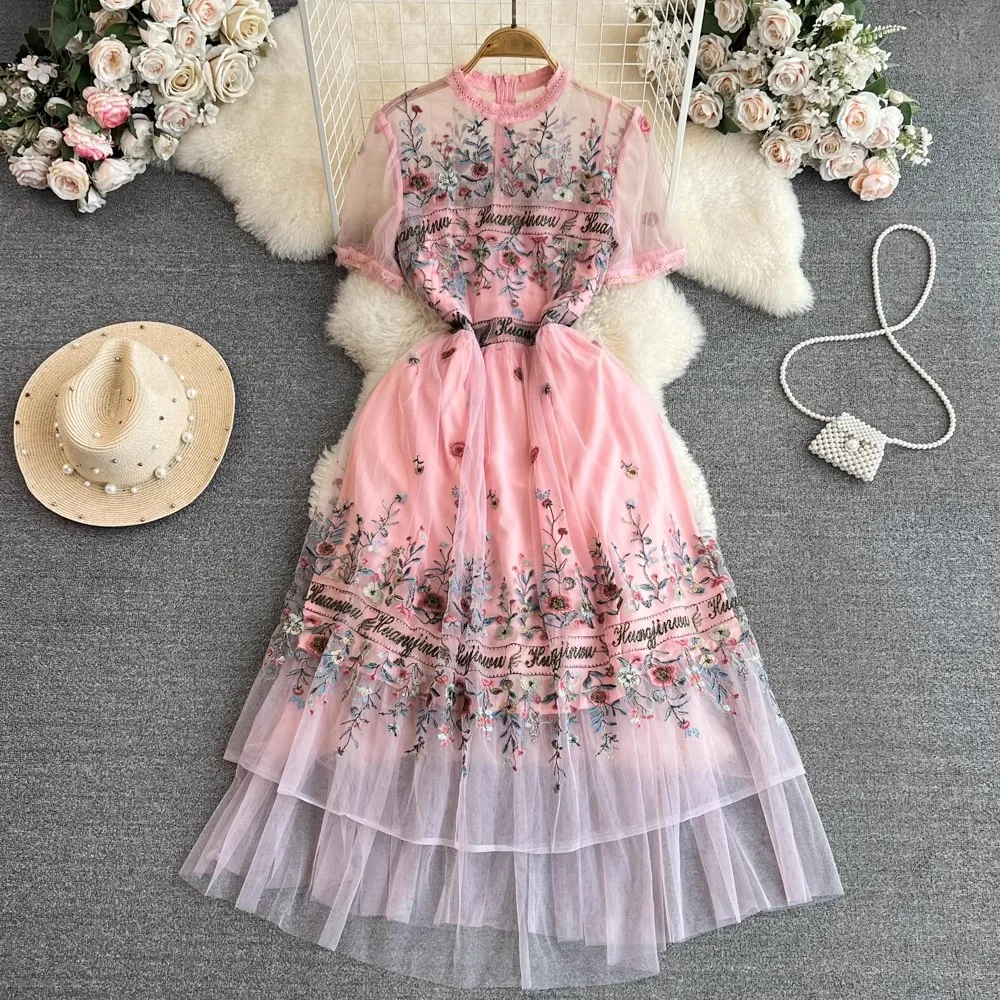 

New Summer Mesh Embroidery Flower Long Dress Runway Elegant Women Stand Collar Short Sleeve Letters Pink Holiday Party Vestidos