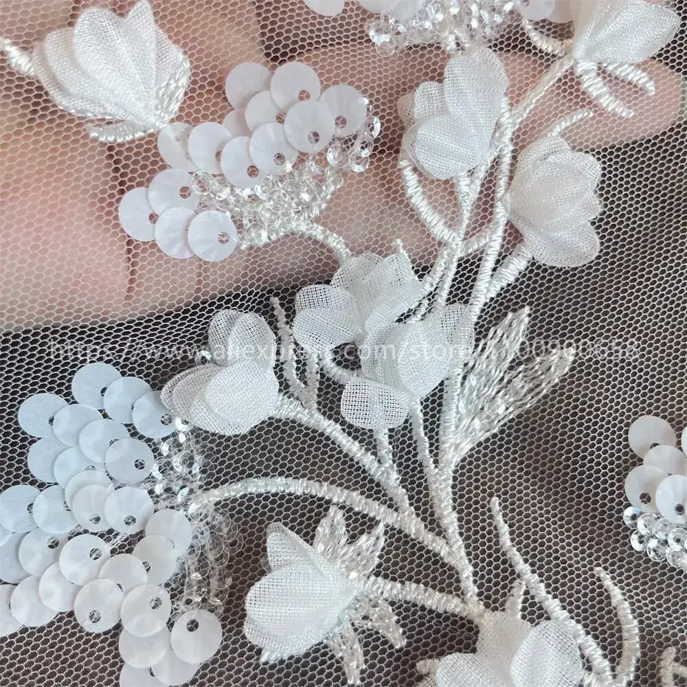 3D Beaded Lace Applique for Wedding Dress Decoration, Sequin Chiffon Lace,  Mirror Flowers,DIY Accessories, White - AliExpress 15