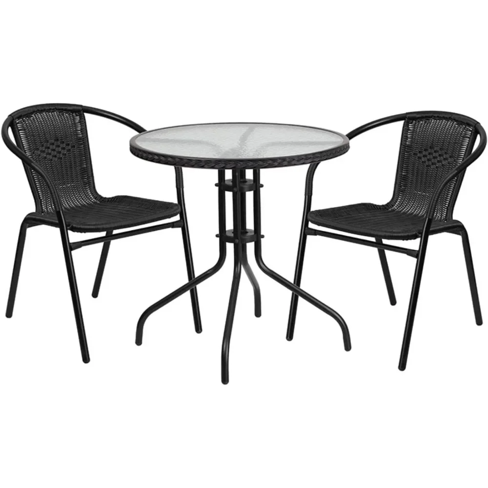 Outdoor furniture Patio Dining Set with Round Glass Metal Table and 2 Stackable Rattan Chairs, Indoor/Outdoor Table and Chairs