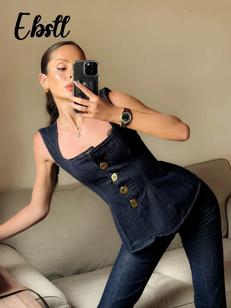 Denim Square Collar Vest Jeans Set Women's Slim Single Breasted Sleeveless Tank Top High Waist Pants 2025 New Lady Street Outfit