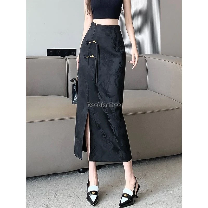 chinese improved retro style cheongsam button skirt chinese women elegant fashion jacquard slit hip wrap midi skirt b118