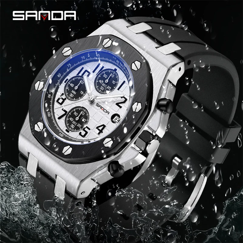 2023 New Nightlight Three Eyes Six Needle Quartz Watch Fashion Trend Multifunctional Timing Calendar Digital SADNA 7029 Watch
