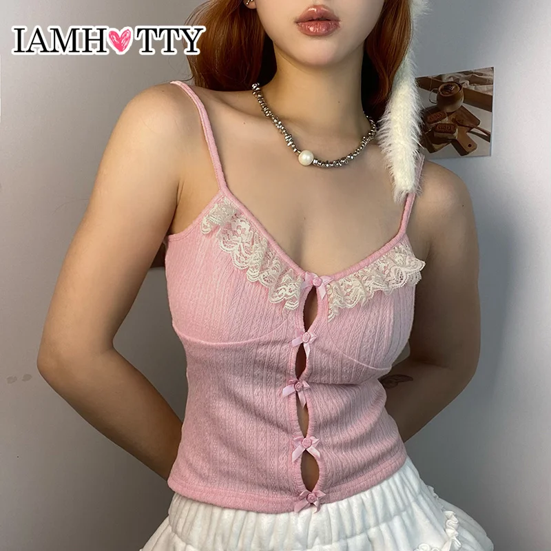 

IAMHOTTY Kawaii Contrast Lace Patchwork Bow Hollow Out Crop Top Pink Japanese Lolita Style Knitted Caims Coquette Casual Vest