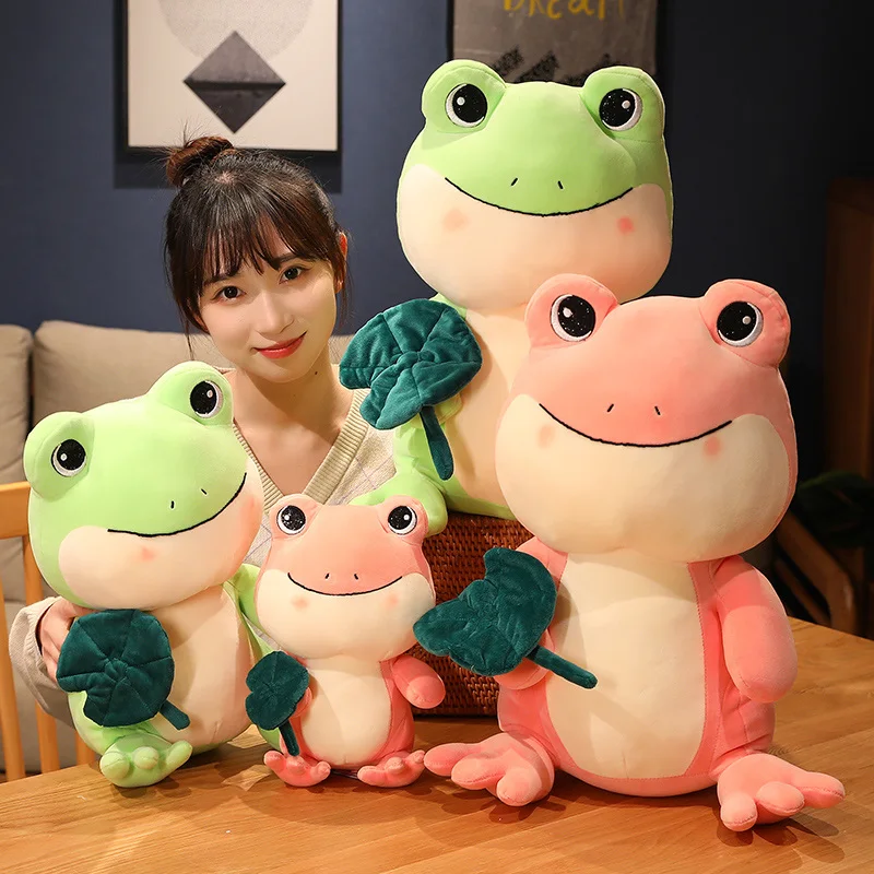 Nice Kawaii Creative Lotus Leaf Frog Plush Doll Stuffed Soft Animal Doll Lovely Pink Green Frog Doll Baby Toys Plushie Gift Toy