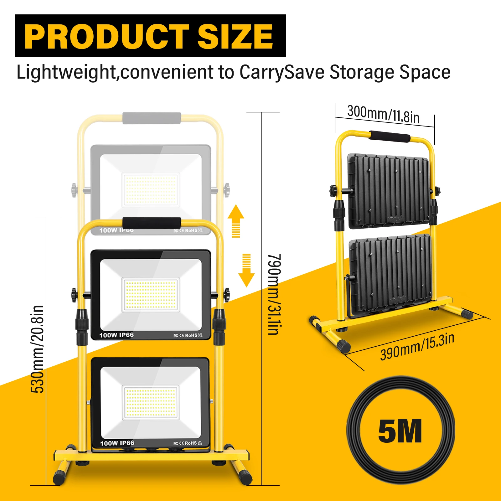 스카이월드 2헤드 100W/150W 휴대용 LED 작업등, 6000K LED 투광등 5M 코드 (EU/UK 플러그 포함) 높이 조절 가능 H 스탠드 110V/220V