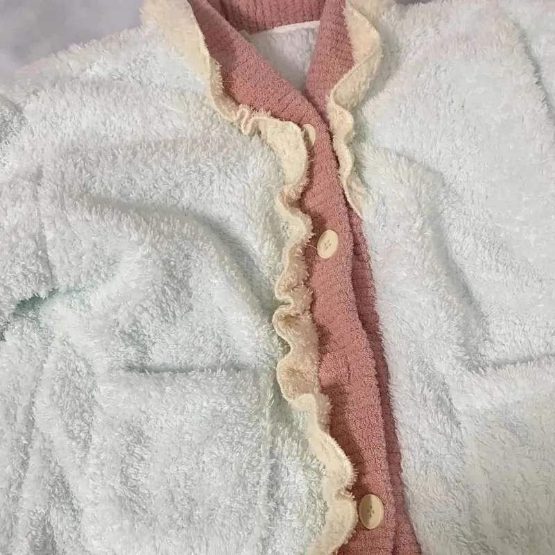 2024 New Pajamas Women's Autumn Winter Sweet Sleepwear Thick Warm Coral Velvet Loungewear Set V-neck Falbala Loose Homewear