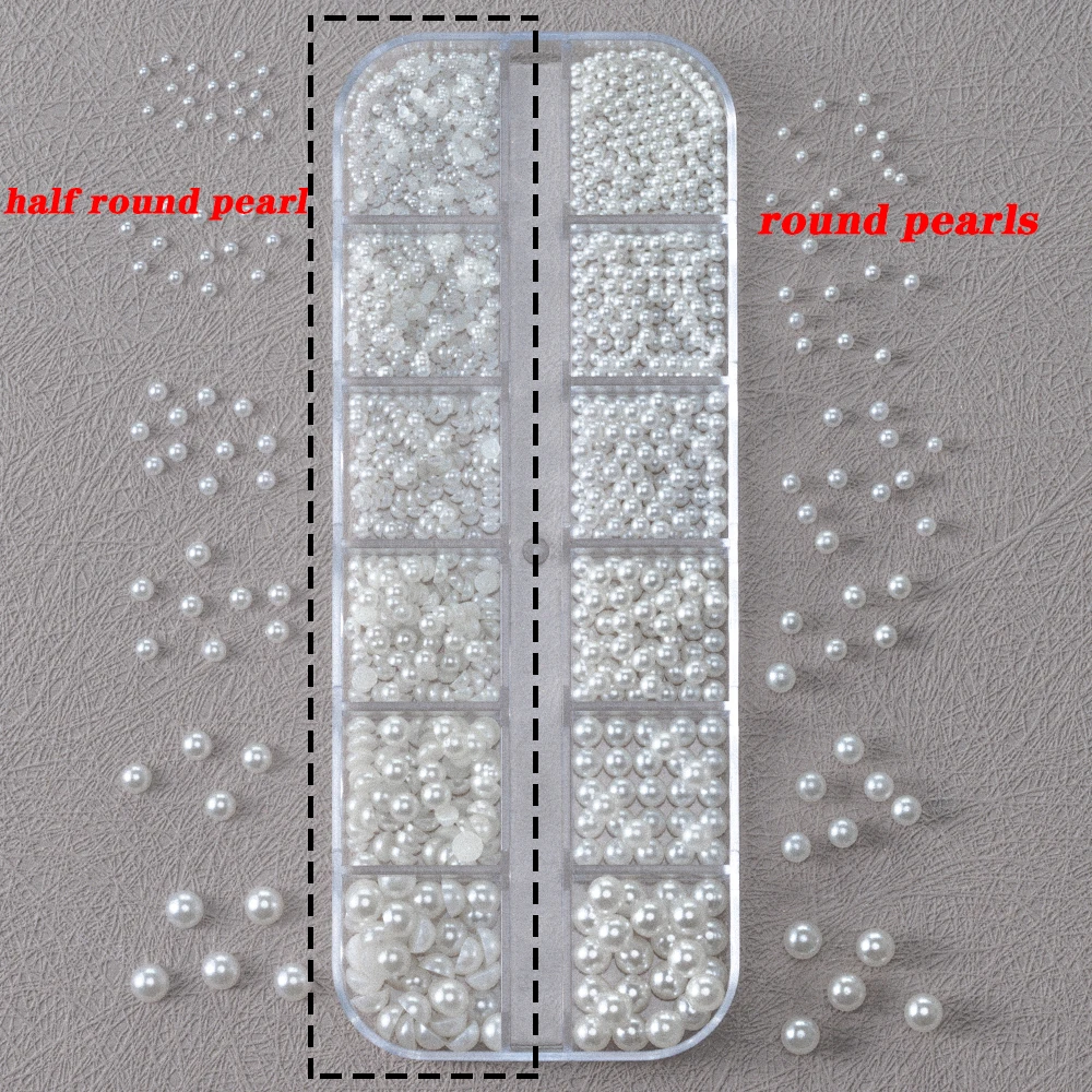 Round White Pearls Nail Beads Nail Charms 12 grids (0.15-0.5cm) Caviar Beads Nail Jewels Half Round Pearl Gems DIY Nail Art Deco 5