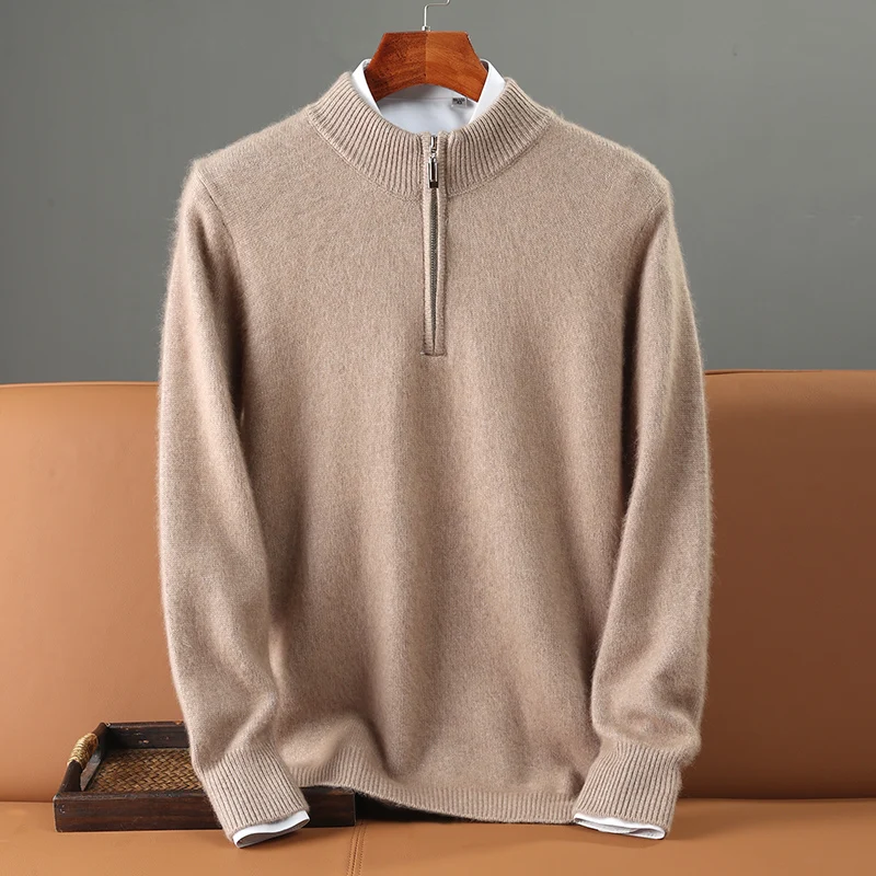 Autumn Winter Thick 100% Mink Cashmere Sweater Men's Semi High Neck Zipper Knitted Pullover Casual Business Warm Menswear Tops 3