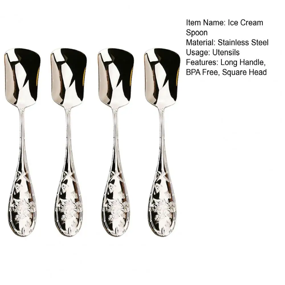 4Pcs Stainless Steel Ice Cream Spoons Retro Square Head Dessert