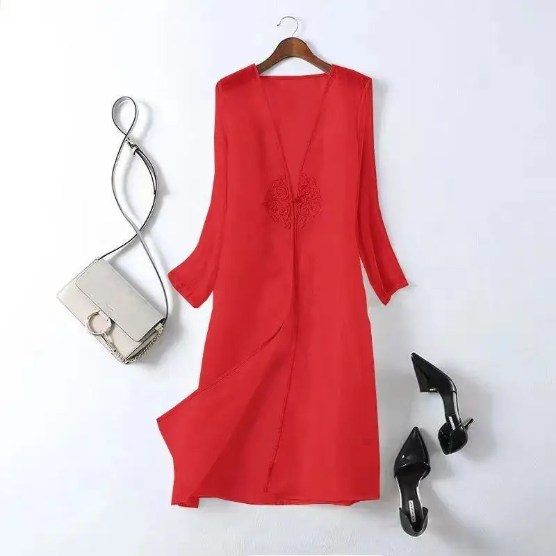 2024 Summer New Chinese Style Women's Solid Color Midi Cardigan Button Retro Embroidered Thin Folk Coat Draped Long Sleeve