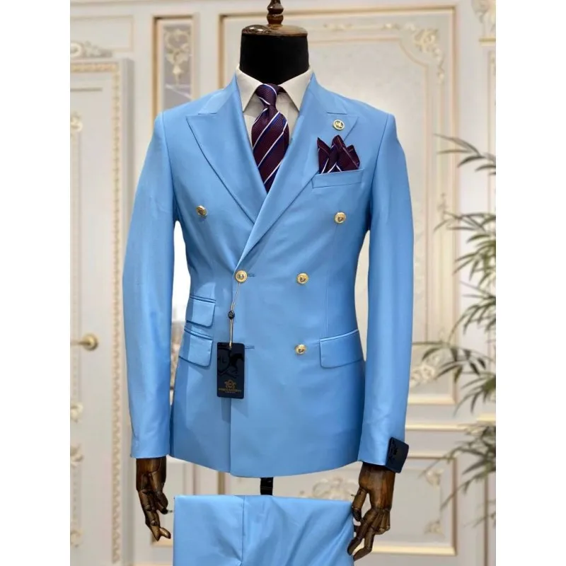 Light Blue Red Green Double Breasted Slim Fit Men Suits Wedding Tuxedos Groom Business Party Prom Best Man Blazer Costume Homme