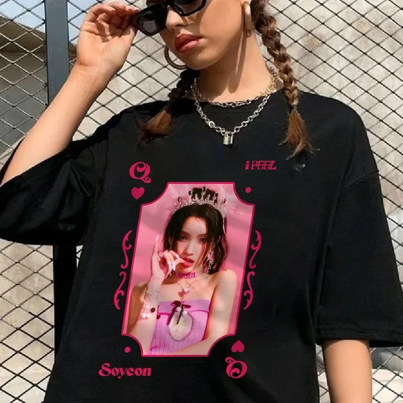 GIDLE Kpop MIYEON Minnie SHUHUA Soyeon YUQI 프린트 티셔츠 트렌드 Y2k (G)I-DLE 남녀공용 반팔 티, 100% 면 상의