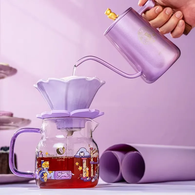 Hand Made Gift Box Set 550ml Sharing Pot Coffee Maker Machine Ceramic Filter 304Stainless Steel Purple/Plink 4