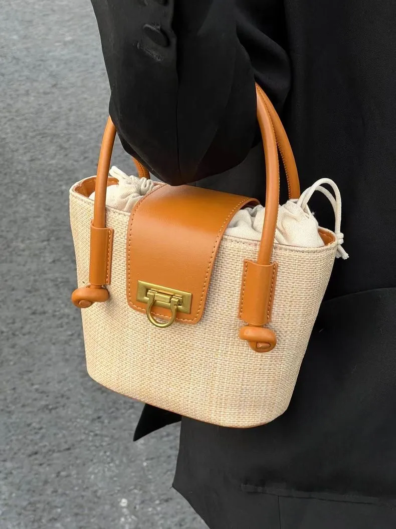 JIAERDI Vintage Woven Handbag 2025 Summer New Retro Handle Straw Bucket Bags Messenger Bag Women Harajuku Aesthetic Hand Bag