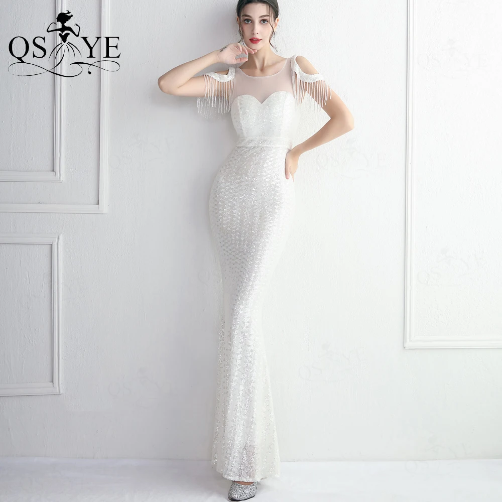 

Crystal Bead Sequin White Wedding Dress Beading Straps Bridal Gown Unique Lace Side Sleeves Mermaid Bride Wedding Marriage Gown