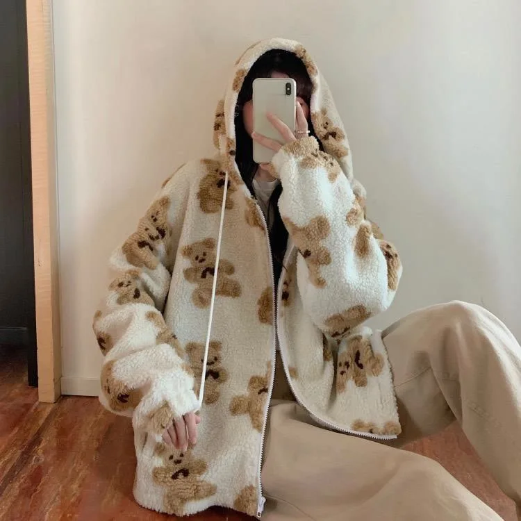Harajuku Bear Teddy Print Plush Jacket Women Winter 2022 Female Korean Fluffy Hooded Coat Thick Warm Couple Streetwear Outerwear