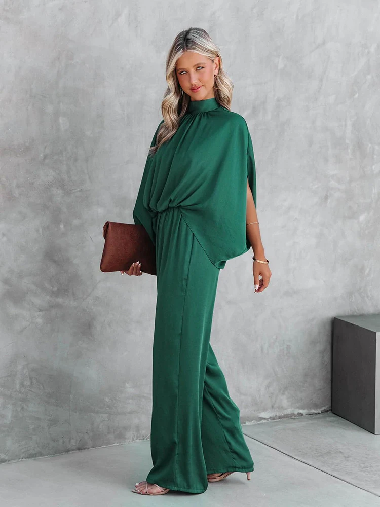 Long Sleeve Jumpsuit - Elegant Night, Solid Color, Wide Leg