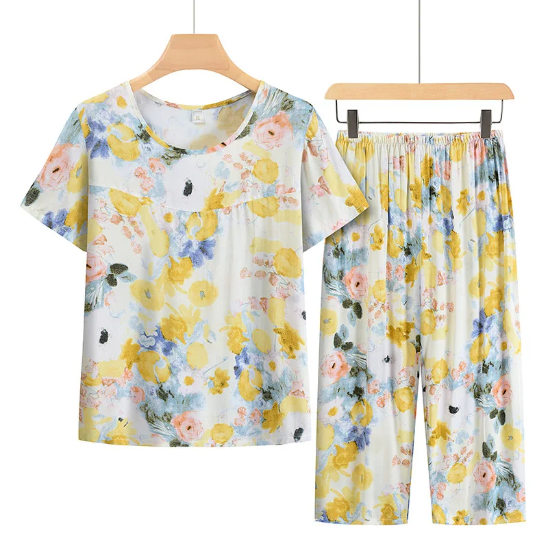 Middle Aged Mother Home Wear Short Sleeve Sleepwear Cow Map Pijama Feminino Summer Pajama Sets Capri Pants Pyjama Pour Femme